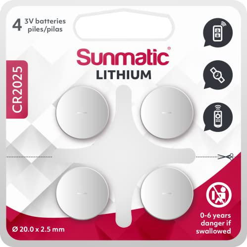 Piles CR2025 - Lot de 4 Piles | Sunmatic | Batteries CR 2025 Lithium 3v - Longue durée et Haute Performance pour dispositifs médicaux et Portables, balances et Porte clés