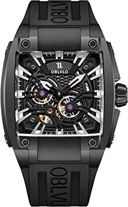 OBLVLO Herren Super Luminous Automatik Uhren Sport Luxus Uhr Quadratische Skelett Mechanische Gummi Armband Uhren GM, GM-BBBB, modisch