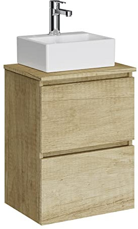 Baikal Mueble de Baño Onyx con Fondo Reducido. Mueble Suspendido en Pared Incluye Lavabo cerámico sobre encimera. Mueble Montado. Sin Espejo 45 cm Fondo 36, 2 Cajones Nature