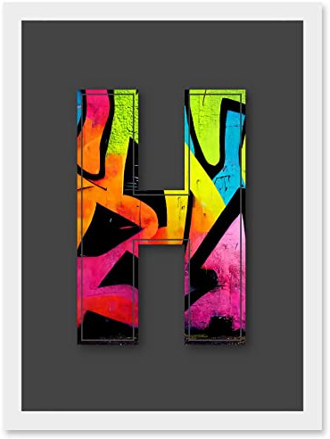 Wee Blue Coo Letter H Neon Tagging Decorative Graffiti Mural Alphabet Initial Stencil Artwork Framed Wall Art Print A4
