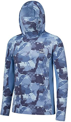 BASSDASH Herren-Kapuzenshirt mit LSF 50+, zum Angeln, Wandern, Camouflage, mit Gesichtsmaske, leicht, lange Ärmel, Grau/Lila Camo mit Halstuch, Large