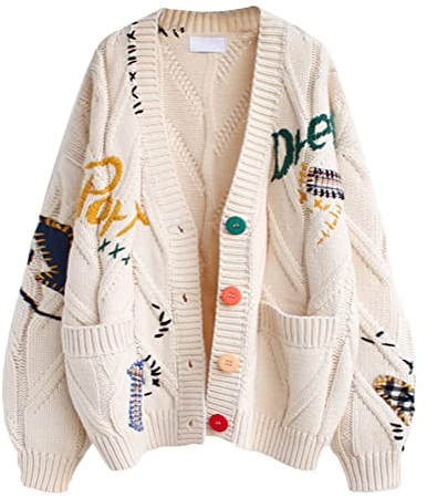 Onsoyours Damen Strickjacke Bestickt Tasche Taste Buchstabe Vintage Langarm Pullover Grobstrick Cardigan Strickmantel Herbst Winter A Aprikose Einheitsgröße