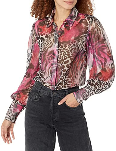 Guess Camicia Donna Blusa LS Raven Chiffon Top Animalier Multicolore ES23GU43 W3RH78WDWT2 S