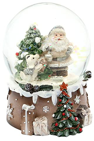 Schneekugel Weihnachtsmann mit Tannenbaum und Hund auf aufwendig verziertem Sockel, Maße L/B/H: 6,5 x 6,5 x 9 cm Kugel Ø 6,5 cm.