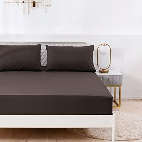 Drap Housse 140x200 cm 2 Personnes avec Grand Bonnet de 35 cm - Drap-Housse Lavable et Ajustable - Microfibre Douce Couleur Unie - Marron