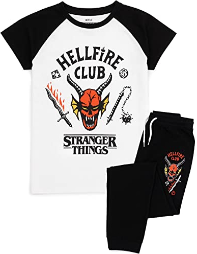 Stranger Things Kids Pyjama Set | Hellfire Club Short Sleeve T-Shirt and Black Loungepants PJs For Boys & Girls | Eddie Eleven Mike Dustin Max Members | Co-Ord Nightwear Netflix Series Merchandise