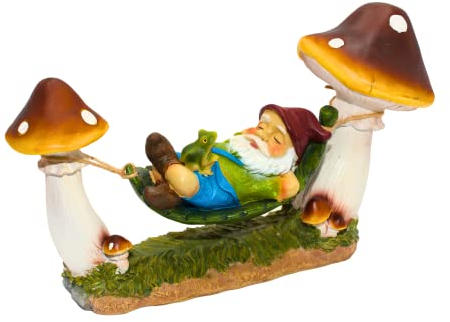 Dekohelden24 Nain de Jardin en hamac Entre Champignons avec Grenouille en Poly, Jolie décoration pour Jardin, terrasse ou Balcon, Dimensions : 13 x 38 x 23 cm, Multicolore, 38 cm