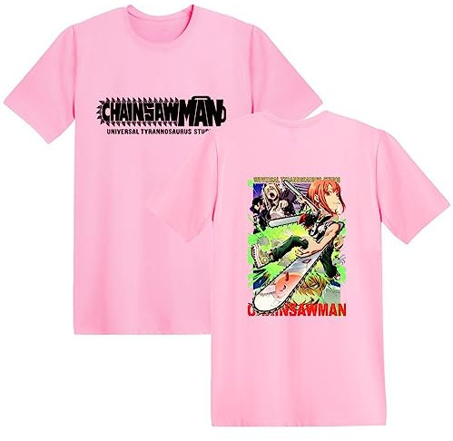 Kinsea T-Shirt for Men Short Sleeve Round Neck, Chainsaw Man Manga Tshirt Print Tees Tops-Pink||XL