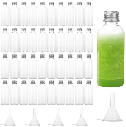 DAJAVE Lot de 40 bouteilles d'alcool miniatures de 80 ml en plastique avec bouchons à vis argentés, réutilisables, mini bouteilles vides avec entonnoir pour fêtes et mariages