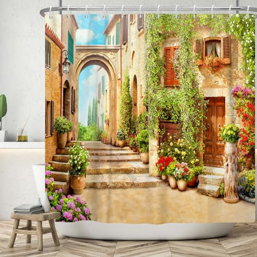 ASDCXZ Tenda da doccia da giardino, 180 x 200 cm, giardino, strada, paesaggio naturale, fiori, erba, all'aperto, lavabile, tenda da doccia in poliestere, impermeabile, per vasca da bagno con 12 ganci