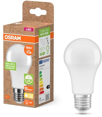 Osram LED STAR CLASSIC A 75 FR LED-Lampe, E27, klassische Kolbenform, weiß, 10W, 1055lm, 2700K, warmweißes Licht, sehr geringer Energieverbrauch, mit recyceltem Kunststoff, 6 - Pack