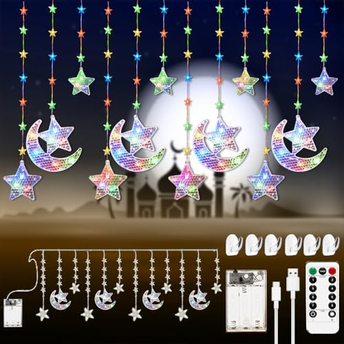 Sterne Mond Lichterkette 3.6m,Led Lichterkette Sterne Mond 132 LEDs,Vorhang Lichterkette Stern und Mond,Mit 8 Blinkenden Modi,Fernbedienung,Batterie