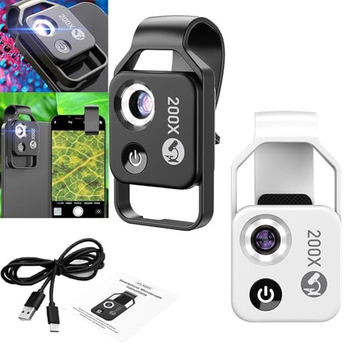 Nano Zoom x200, Nanozoom 200x Magnification Zoom, Nanozoom, Nanozoom Cell Phone Lens, Phone Microscope with CPL Lens/LED Light, Turns Any Smartphone Into a Pro-Microscope (Black+White)