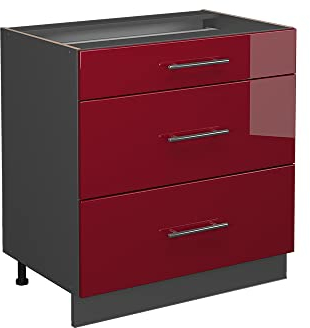 Vicco Küchenunterschrank Fame-Line, Bordeaux Hochglanz/Anthrazit, 80 cm mit 3 Schubladen, AP Anthrazit