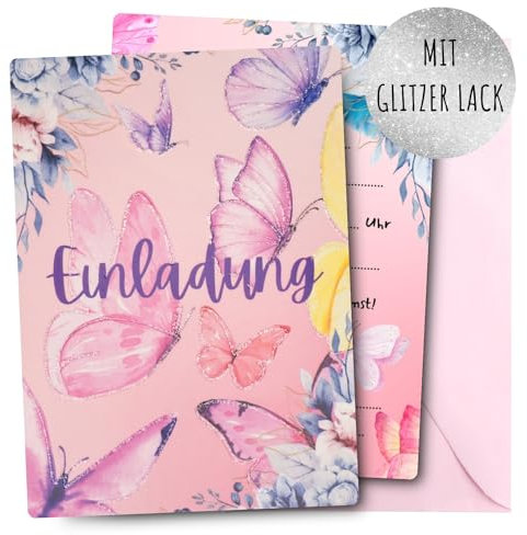 Generisch 12x EINLADUNGSKARTEN inkl. rosa Umschlägen für Mädchen Kindergeburtstag - süßes GLITZER & PASTELL Karten Set mit SCHMETTERLING Motiv