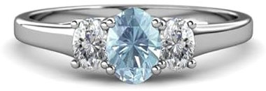 Sterling Silber 925 Aquamarin Brillantschliff Oval 7x5mm Drei Stein Ring Mit rhodiniertem Ring für Damen und Mädchen (61)