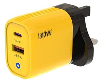 PD Power Adapter Multi Mains Wall 30W 2-Port USB-A/USB-C Fast Charger Plug, PPS Super Charging, Compatible with iPhone 15 Pro Max, Samsung Galaxy S22/S21 Note 20, iPad (Yellow)