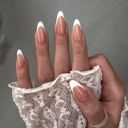 Almond False Nails with Glue - Nude Brown Stick on Nails French Tip - 24PCS Full Cover Acrylic Press on Nails - Medium Fake Nails with White Nail Tips for Women Nail Art at Home