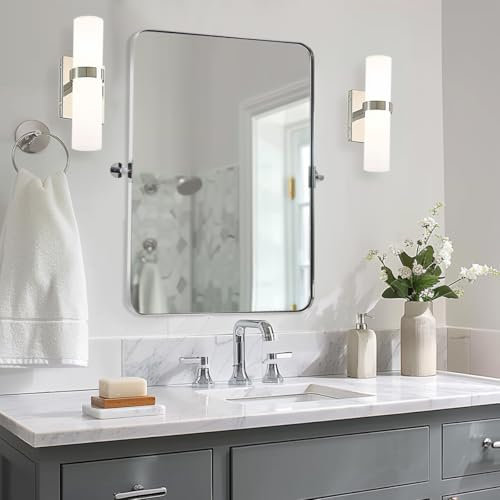 MOON MIRROR Rechteckiger Badezimmerspiegel, Chrom, schwenkbar, modern, neigbar, rechteckig, schwenkbar, Kosmetikspiegel für die Wand, Edelstahl-Metall-Polierrahmen, insgesamt 82,1 x 91,4 cm (Spiegel
