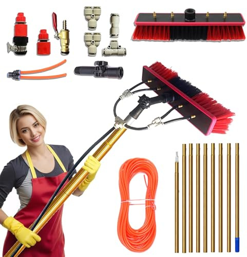 30 FT(9 m) Window Cleaning Equipment, Koubhyj Window cleaning pole Cleaning Tools with 20 m PU Tube and 55 cm Brush Head, Solar Panel Washing Kit for Trucks, Boats, Cars Extension Cleaner Brush Kit