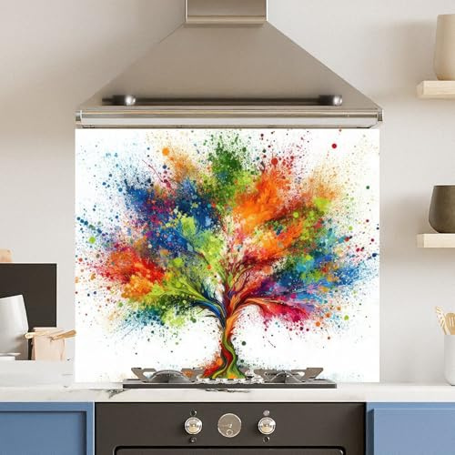 Toughened 6mm Glass Kitchen Splashback 90 x 65cm Rainbow Tree - Polished Edge Heat Resistant Back Splash for Cookers Hob