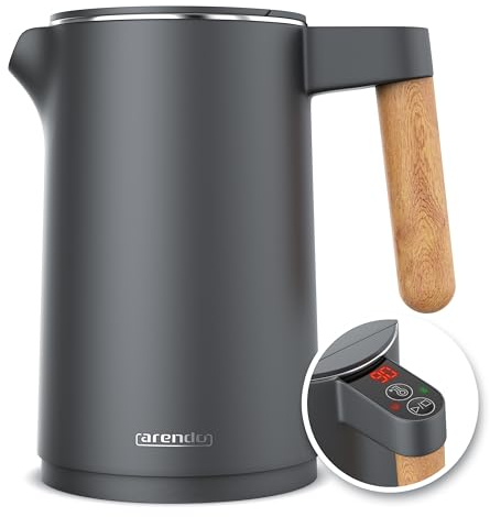 Arendo - Wasserkocher Edelstahl mit Temperatureinstellung - 45°C-100°C - 1.5 Liter - Doppelwand - BPA frei - Warmhaltefunktion - Teekocher mit Temperaturanzeige - Griff Cool Touch - Schwarz Cool Grey