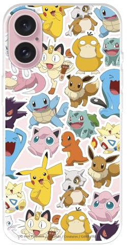 Case Compatible with iPhone 16 Official Pokémon Pattern Sticker to Protect Your Mobile Phone, Transparent Flexible Silicone Case with Official Pokémon License