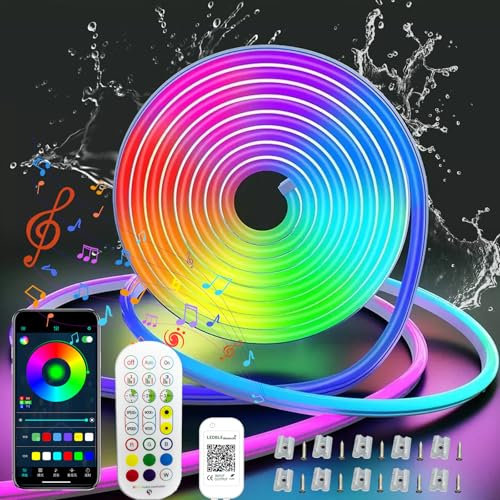 CILIENG RGB LED Streifen 15M, IP65 Wasserdichte Neon Strip Mit Fernbedienung Und APP, 16 Mio. Farben Flexibel LED Lichtband Für Innen- Und Außendekoration, Musik Sync, DIY-Formen