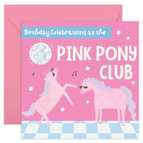 Fun Birthday Card For Friends - 'Pink Pony Club' - Gifts for Friends, Besties, BFF, Sister, Girls, Her - Horse Disco Dance - Comes with Fun Stickers