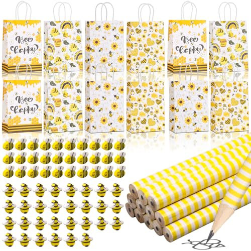 Fzyisw 84 Stück Mitgebsel Tüten Kindergeburtstag Set, 12 Bienen Geschenktüten 60 Biene Radiergummis und 12 Bleistifte, Mitbringsel Kindergeburtstag Gastgeschenke, Schreibwaren Gastgeschenke
