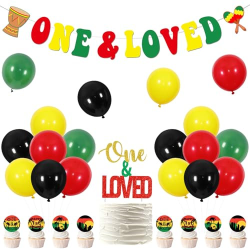 Reggae Birthday Party Decorations One and Loved Reggae First Birthday Banner One and Loved Cake Topper Palm Tree Reggae Cupcake Toppers for Jamaican Rastafari Music Themed Birthday Party Supplies