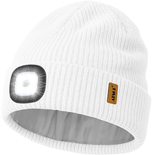 ATNKE LED Mütze mit Licht, USB Wiederaufladbare 4 LED Beleuchtete Laufmütze Freihändig Stirnlampe Winter Warm Strick Mütze mit Fleece Gefüttert Geschenke für Herren Väter und Damen/White