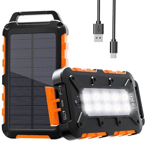 Chargeur Solaire 26800mAh, PD15W Batterie Externe Solaire Power Bank Portable USB C 3,0A Charge Rapide avec 3 Ports, Câbles et Lampe pour Smartphone, Tablette, Camping et Plus