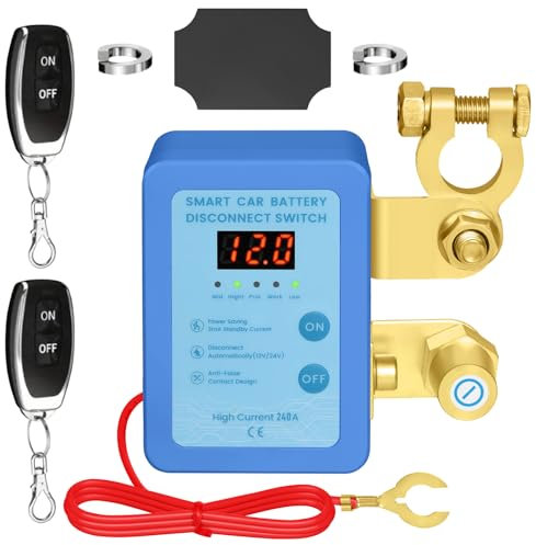 Bekasa Kill Switch for Car With Remote, LED Voltage Display 12V 240A Battery Disconnect Isolator Anti-Theft Isolator Switch Energy-Saving with 2 Remotes for RV, Truck, Camper, Boat