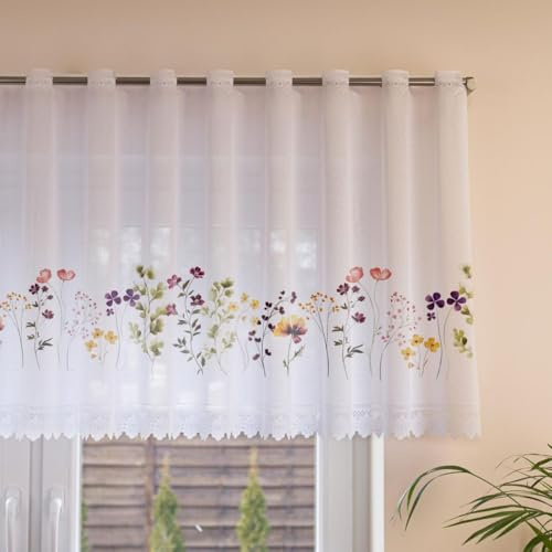 Gardinen Vorhangen Weiß Jacquard 200x50 cm (BxH) Primavera Scheibengardine Bemalt Für Küche Wohnzimmer Fertiggardine Kurzgardine Sofort Aufhängbar Transparent Blumen