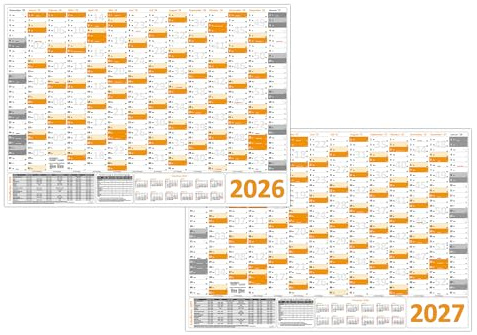 Orange Wandkalender/Wandplaner 2026 + 2027 (gerollt) DIN A1 Format (594 x 841 mm) 14 Monate, komplette Jahresvorschau Folgejahr und Ferientermine Feiertage aller Bundesländer