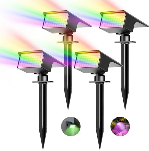 kolpop RGB Luces Solares LED Exterior [4 Piezas/7 Colores], IP65 Impermeable Focos LED Solares Lámpara para Jardín,montaje 2 en 1, Patio,800LM Focos Solares para Patio,Piscina,Macetas,Suelo,Calzada