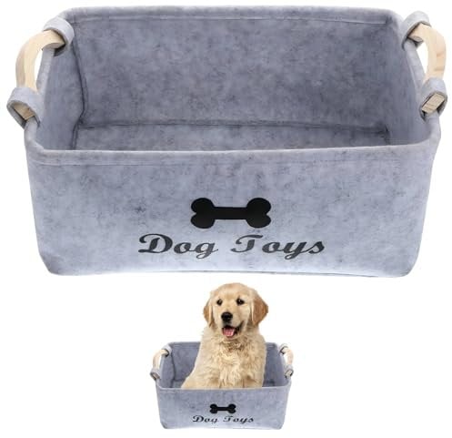 Dog Toy Box, Large Dog Toy Storage Basket with Sturdy Handles, Organize Pet Toys and Accessories, Perfect for Home and Travel, 38 x 28 x 18 cm, Grey