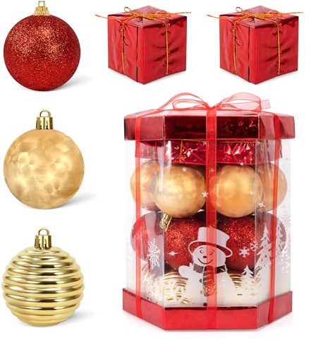 Bolas de Navidad 28 PCS, Adornos Bolas Inastillables, Plástico Decoracion Arbol Navidad, Fiesta Bodas Interiores y Exteriores(Rojos y Dorados)