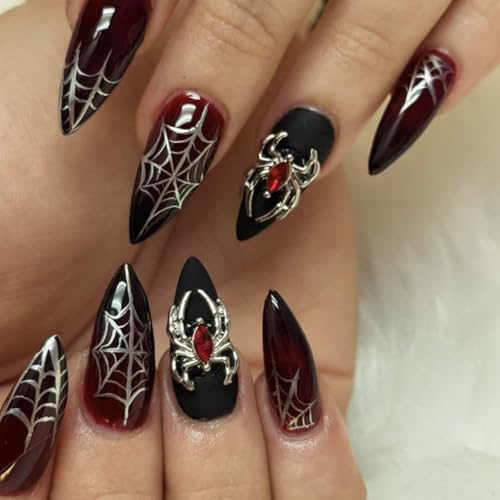 24PCS Long Almond Press on Nails - Red Black Gradient Y2K Goth Fake Nails with Spider Web Details - Halloween Party Look & Edgy Daily Style - Reusable ABS Tips for Women Loving Alt Fashion