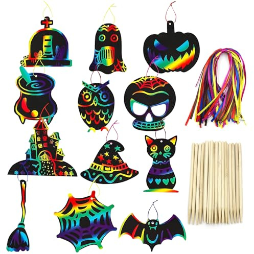 Daimeitec 40PCS Scratch Art Party Bags Fillers for Kids, Craft DIY Scratch Paper with 48 Colorful Ropes and 24pcs Wooden Stylus for Boys Girls Classroom Birthday Gifts (Halloween Scratch Paper Art)