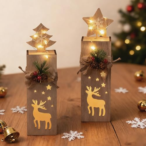 SPERMUOY Weihnachtsdeko Innen Holz Rentier,2 Stück weihnachtsdeko innen LED Rentier Fensterbank,Weihnachtstisch Deko Weihnachtsdekoration Winterdeko Weihnachten deko