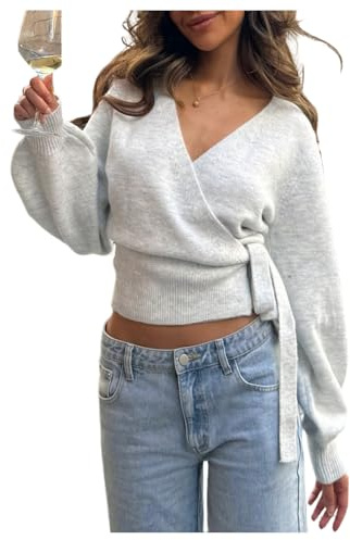 MakeMeChic Women's Wrap Sweater Front Tie Cardigan Cropped Knit Tops 2026