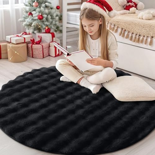 Homaxy 3D Bubble Waschbar Groß Teppich Wohnzimmer 160 cm Rund, Schwarz | Antirutsch Waschbar Teppich, Weich Flauschig Teppiche fürs Kinderzimmer, Schlafzimmer