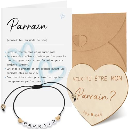 Cadeau Parrain Demande, Carte de Demande en Bois, Veux-tu Être mon Parrain, Carte de Définition et Enveloppe, Bracelet avec Lettres, Idées Cadeaux