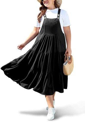 Moon Wood Damen Sommerkleid Lang Lässig Latzkleid Oversize Maxi Kleid Langes Kleider mit Trägern und Taschen Große Größen