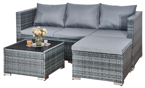 Aweather 3 Pcs Rattan Garden Furniture Set - Outdoor All-Weather Handwoven PE Corner Sofa, Small Patio Conversation Set with Washable Cushions & Coffee Table, 4 Seater Grey Outdoor Patio Furniture
