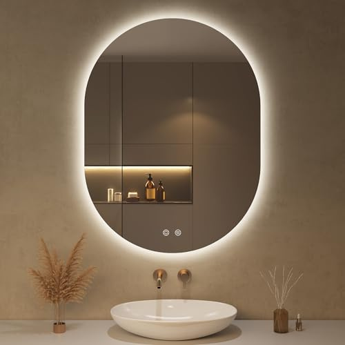 OUMUSU 60x80cm LED Badspiegel mit Beleuchtung Oval | Badezimmerspiegel mit Beleuchtung,Beschlagfrei,Touch-Schalter, Dimmbar,3 Lichtfarbe Einstellbare, Bruchsicher