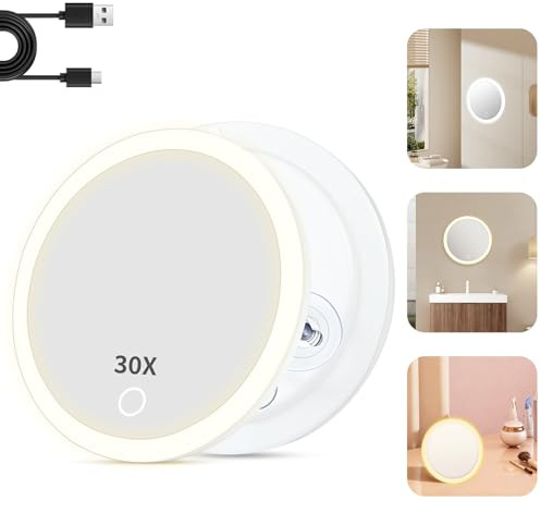 Alaoo Espejo de Aumento Luz, 30 Aumentos Espejo de Maquillaje,Blanco | Espejo de Maquillaje Luminoso con 3 Ventosa Potente, USB Recargable, 3 Colores Oscurecimiento,para Viaje y Maquillaje