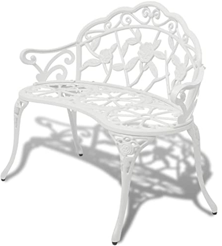 QZZCED Gartenbank aus Aluminiumguss, weiß, 100 cm, für den Außenbereich, mit Blumenmustern und Beinen aus Gusseisen, wetterfest und langlebig, für Terrasse oder Hof